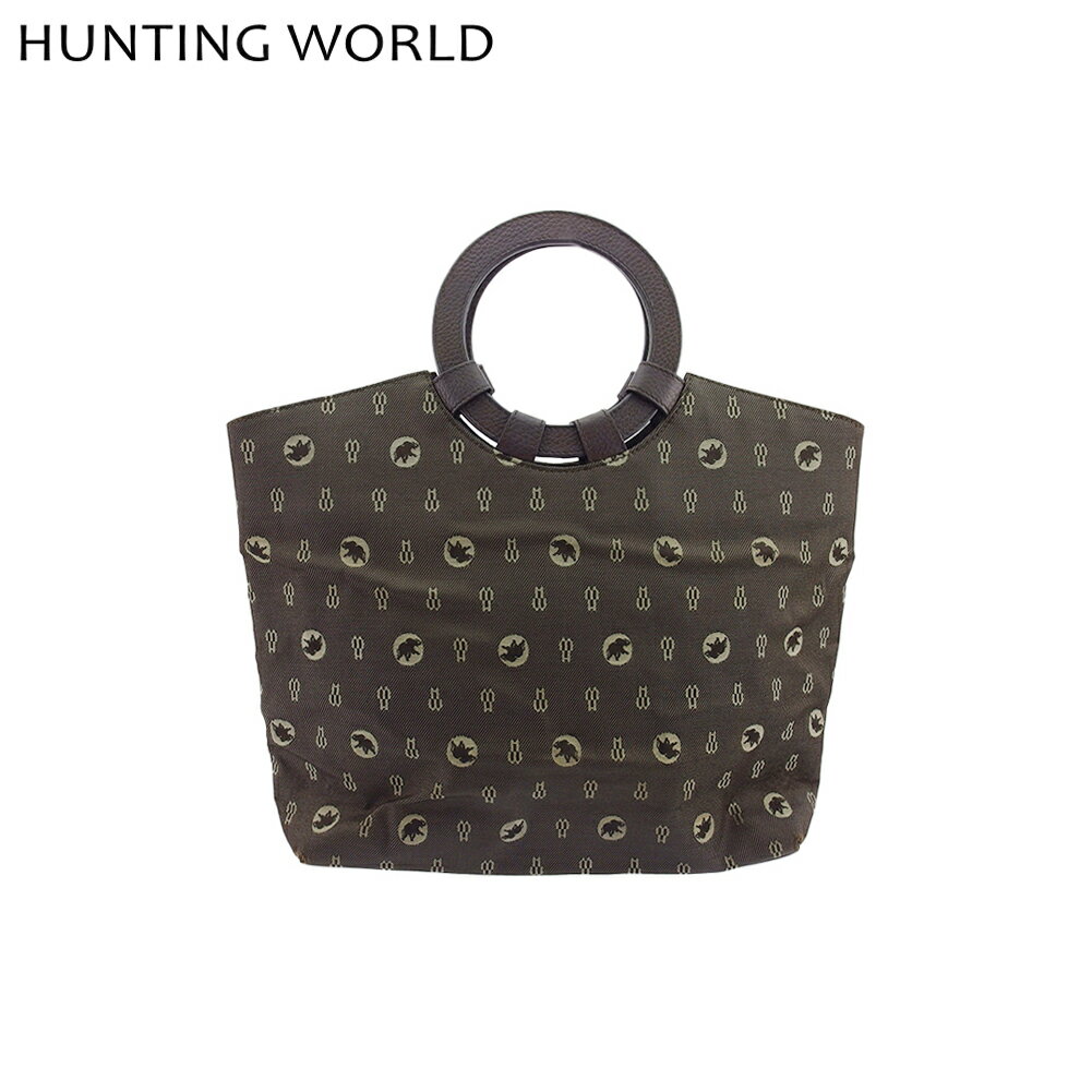 【中古】 ハンティングワールド ハンドバッグ サークルハンドル ブラウン ベージュ キャンバス×レザー HUNTING WORLD L4135