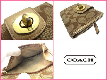 【中古】 コーチ COACH 二つ折り財布 ベージュ×ゴールド レディース メンズ ユニセックス サイフ 小物 ブランド 人気 贈り物 財布 収納 在庫一掃 迅速発送 1点物 兼用 男性 女性 良品 F290