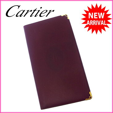 【2100円オフクーポン】 【中古】 カルティエ Cartier 長札入れ 二つ折り レディース 角プレート付き ボルドー×ゴールド 【カルティエ】 T13881 ★