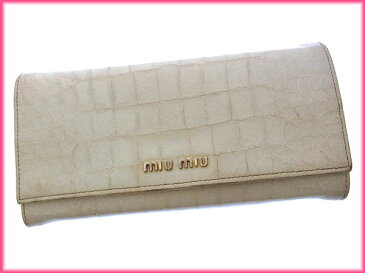 【200円オフクーポン】 【中古】 ミュウミュウ miu miu 長財布 ファスナー 二つ折り クロコダイル調 ロゴ入り t16093_b ★