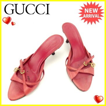 グッチ GUCCI ミュール サンダル レディース ♯34ハーフC クロスデザイン ダブルGチャーム レッド×ゴールド レザー (あす楽対応)人気 【中古】 Y4721 .