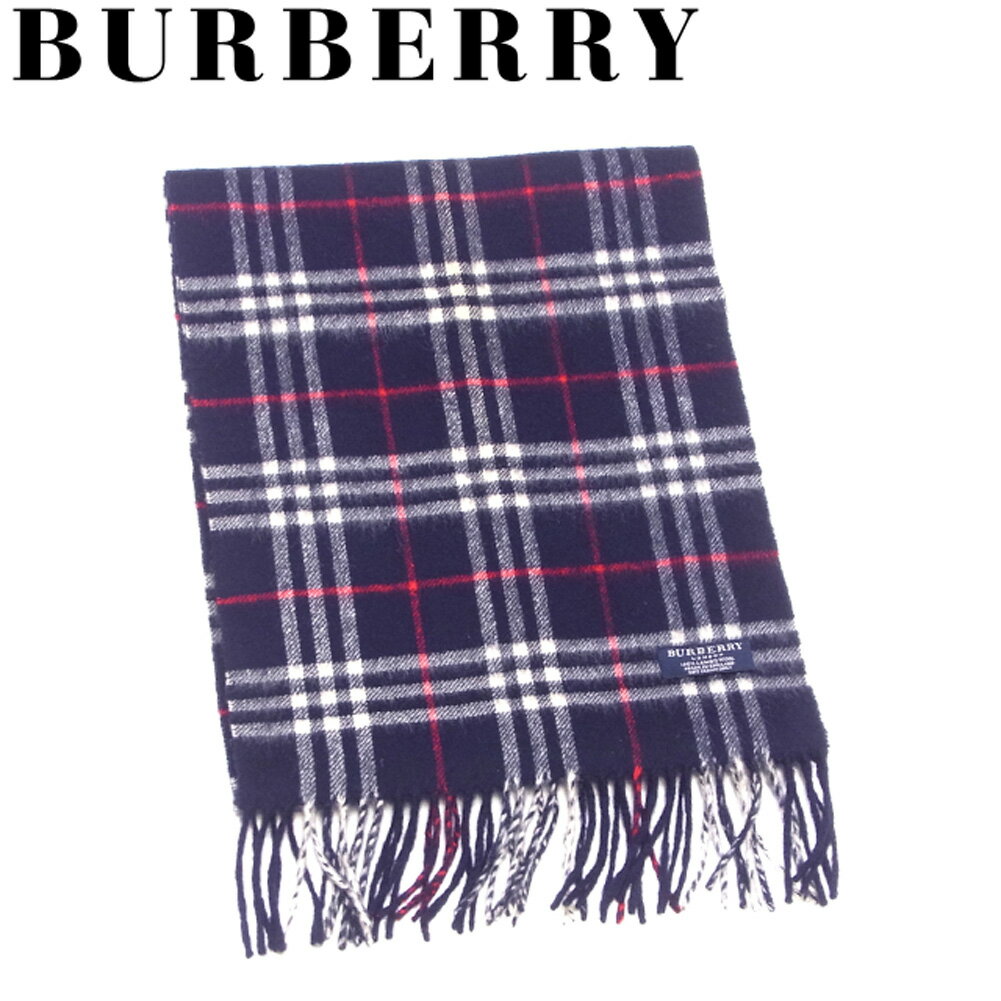 【スプリングセール30％OFF】バーバリー BURBERRY マフラー フリンジ付き メンズ可 ネイビー ホワイト 白 レッド系 ウール 毛 【バーバリー】 L3009 【中古】