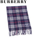 【お買い物マラソン30％OFF】バーバリー BURBERRY マフラー フリンジ付き メンズ可 ネイビー ホワイト 白 レッド系 ウール 毛 【バーバリー】 L3009 【中古】