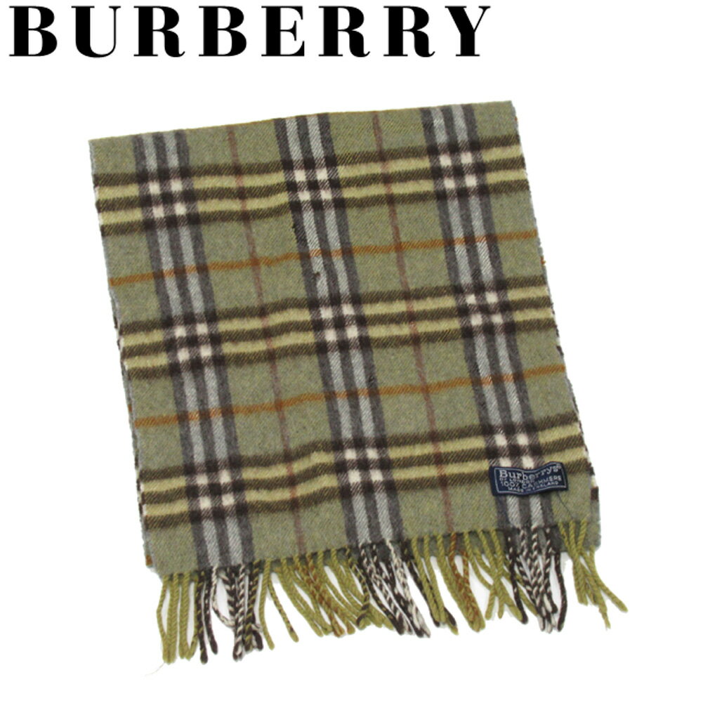 【スプリングセール30％OFF】バーバリー マフラー フリンジ付き レディース メンズ チェック グリーン ブラウン系 カシミア BURBERRY 【バーバリー】 F1601 A 【中古】