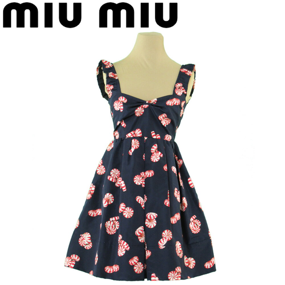 【ブラックフライデー30%OFFクーポン】ミュウミュウ ワンピース ワンピ ドレス レディース ♯38サイズ フレアー ミニ キャンディ柄 ネイビー レッド ホ...