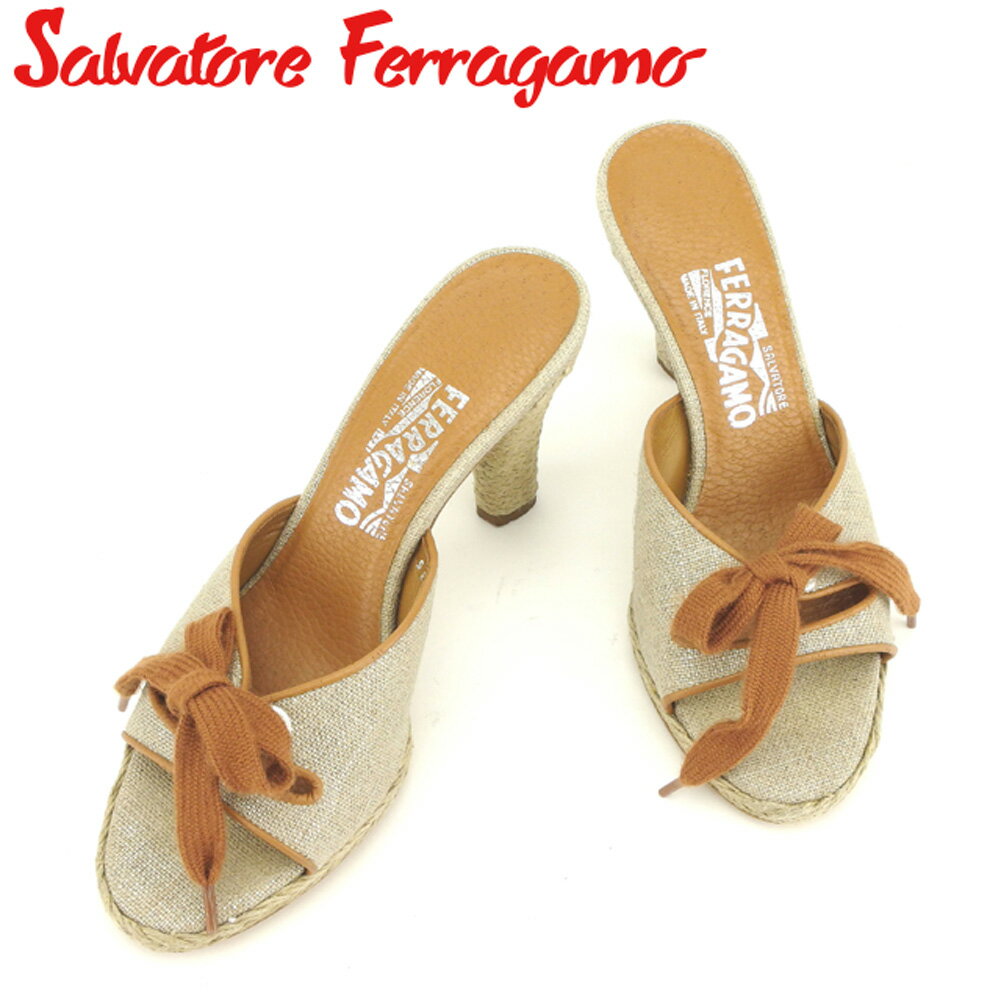 【スプリングセール30％OFF】サルヴァトーレ フェラガモ Salvatore Ferragamo サンダル シューズ 靴 レディース ♯5ハーフC ミュール ベージュ ブラウン キャンバス×レザー 【フェラガモ】 F1355 【中古】