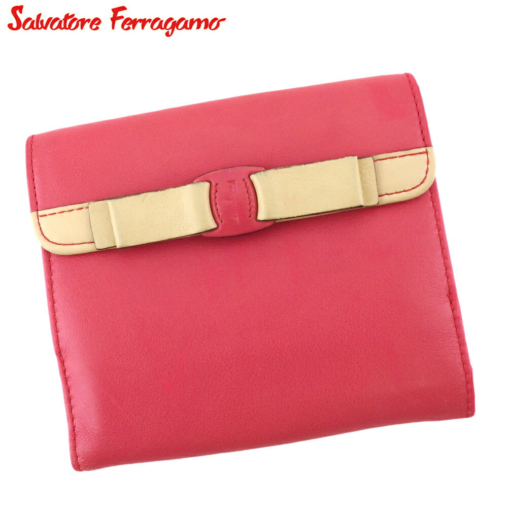 【スプリングセール30％OFF】【中古】 サルヴァトーレ フェラガモ 二つ折り 財布 レディース ピンク レザー Salvatore Ferragamo C4332