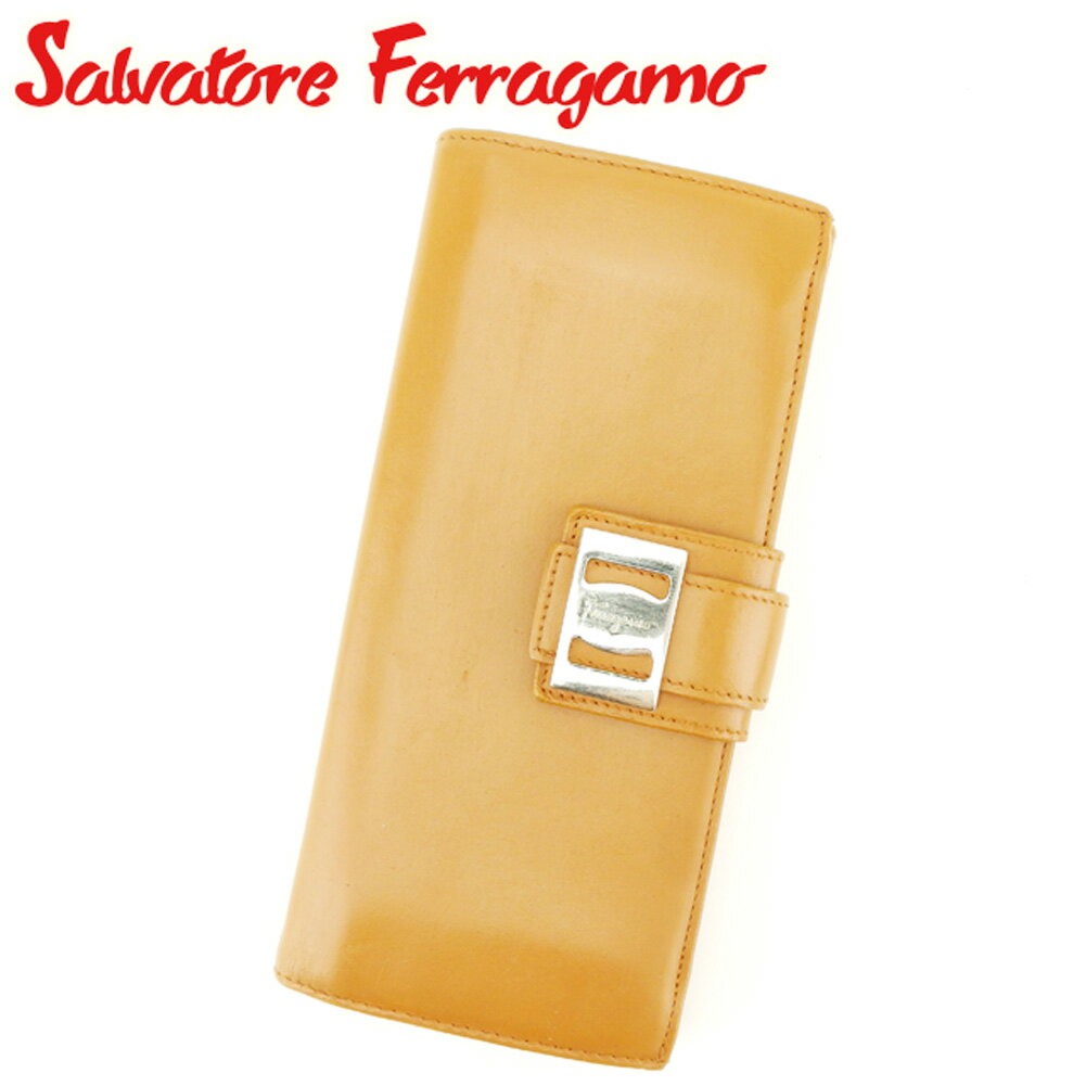 【スプリングセール】サルヴァトーレ フェラガモ 長財布 Wホック 財布 ヴァラ ライトブラウン シルバー レザー Salvatore Ferragamo 【フェラガモ】 f1328s 【中古】