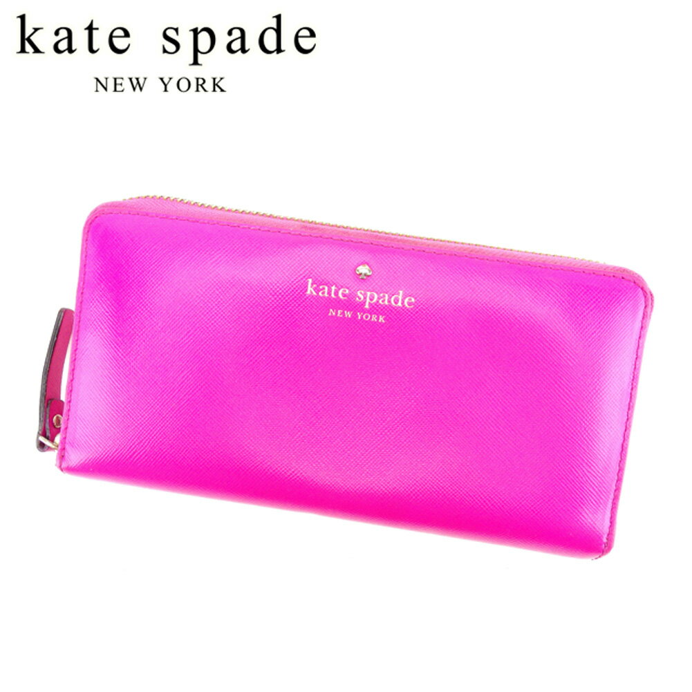 【スプリングセール30％OFF】ケイト スペード 長財布 ラウンドファスナー 財布 スペードマーク ピンク ゴールド レザー kate spade 長サイフ サイフ 収納 ユニセックス 小物 【ケイト・スペード】 G1256 【中古】