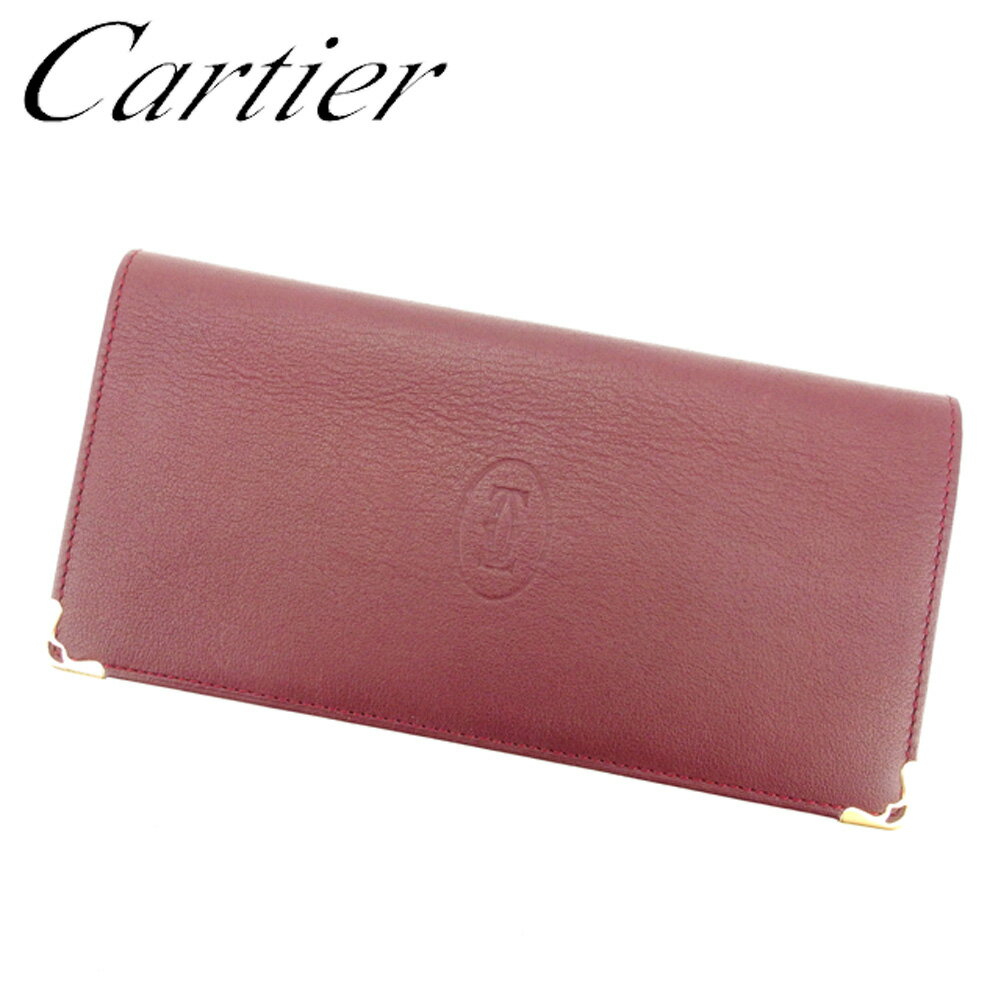 【中古】 カルティエ Cartier 長札入れ 札入れ レディース メンズ 可 ボルドー ゴールド レザー T7580