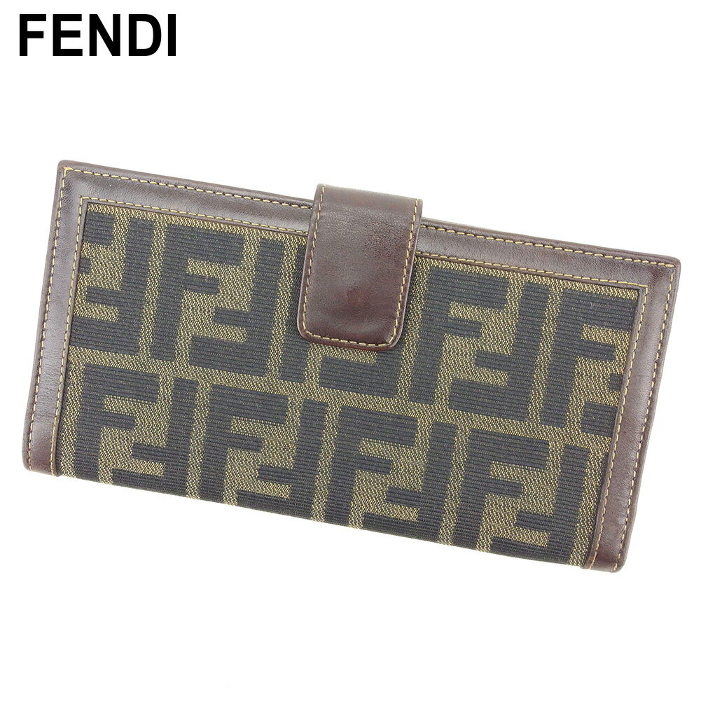 【スプリングセール30％OFF】フェンディ 長財布 Wホック ズッカ ブラウン ベージュ ブラック キャンバス×レザー FENDI 長サイフ サイフ 収納 ユニセックス 小物 【フェンディ】 E1271 【中古】