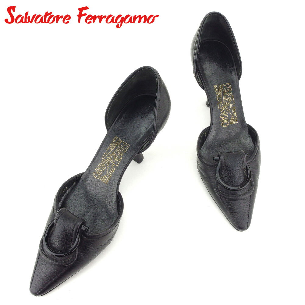 【スプリングセール30％OFF】サルヴァトーレ フェラガモ パンプス シューズ 靴 #4 ガンチーニ ブラック レザー Salvatore Ferragamo 【フェラガモ】 h610s 【中古】