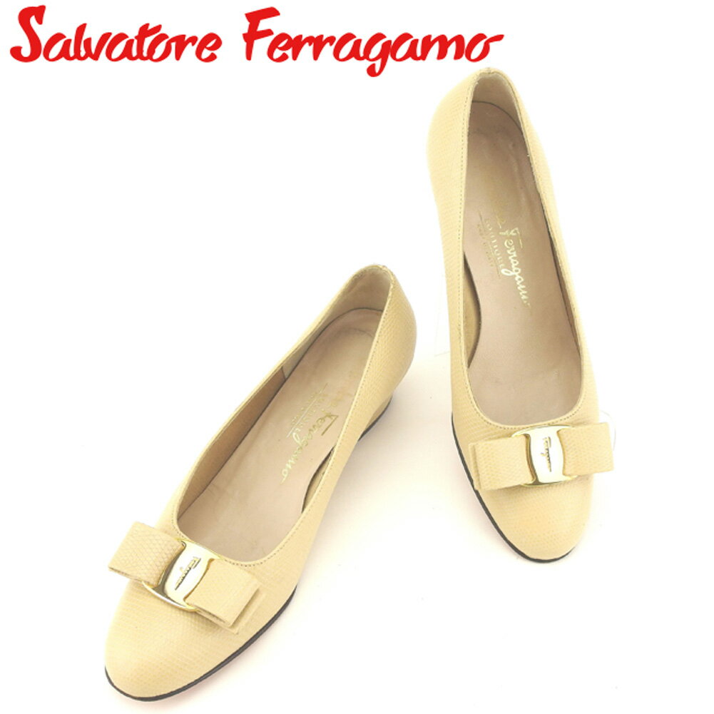 【中古】 サルヴァトーレ フェラガモ Salvatore Ferragamo パンプス シューズ 靴 レディース ♯5ハーフB リザード調 ヴァラリボン ベージュ ゴールド 型押しレザー 人気 良品 L2459