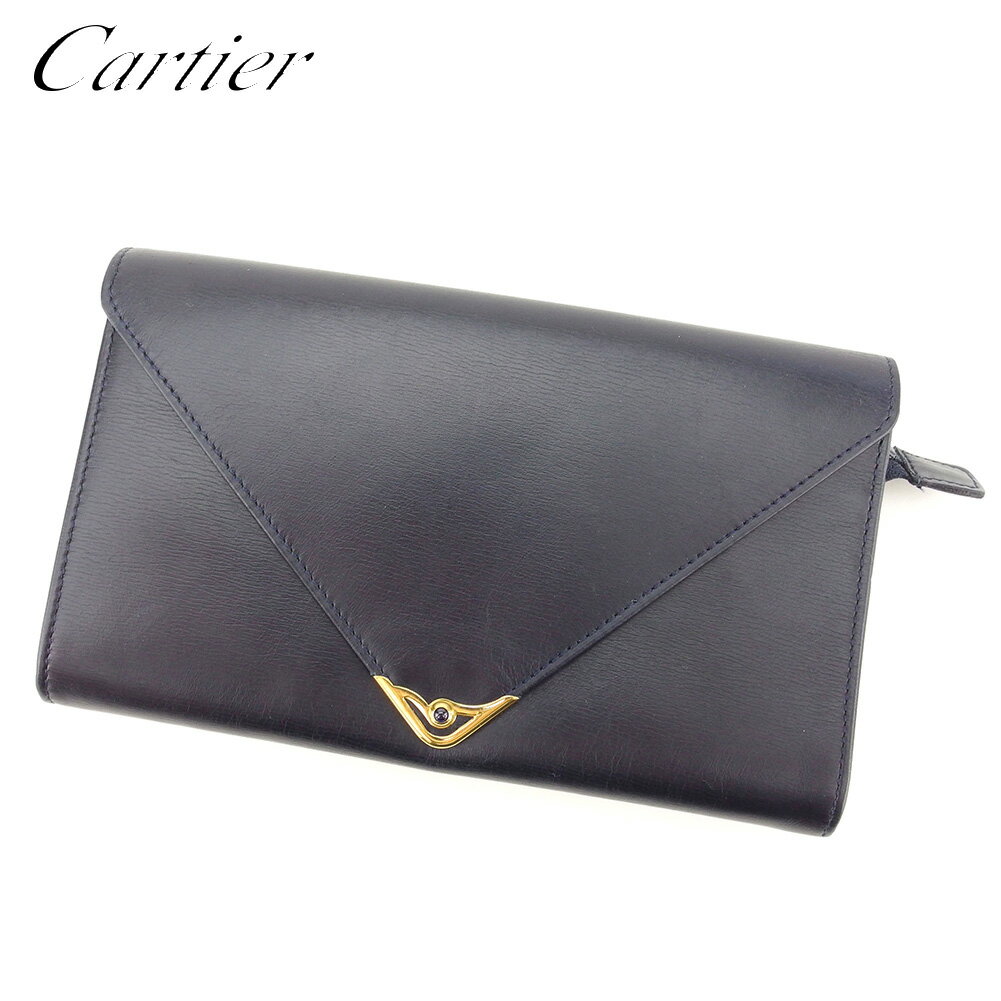 【スプリングセール30％OFF】カルティエ 長財布 ポーチ ネイビー レザー Cartier 【カルティエ】 t8384s 【中古】