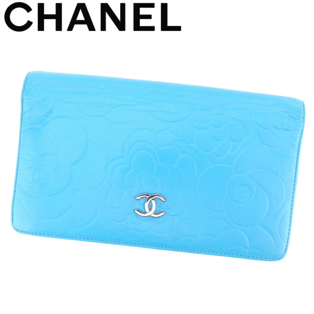 【スプリングセール30％OFF】シャネル 長財布 ファスナー付き 長財布 カメリア ブルー レザー CHANEL 長サイフ サイフ 収納ブランド財布 ユニセックス 小物 【シャネル】 T8457 【中古】