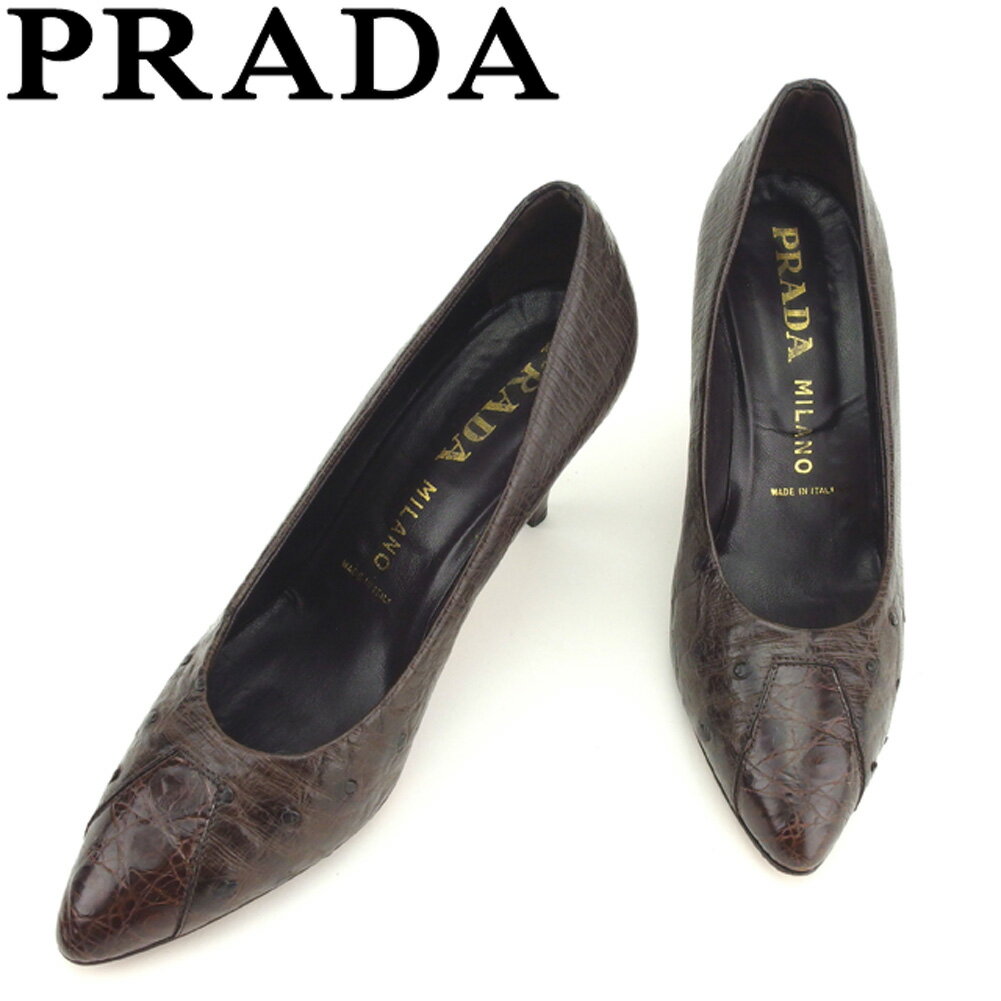 【スプリングセール30％OFF】プラダ PRADA パンプス シューズ 靴 レディース ♯39 ポインテッドトゥ ブラウン オーストリッチ 【プラダ】 D1900 【中古】