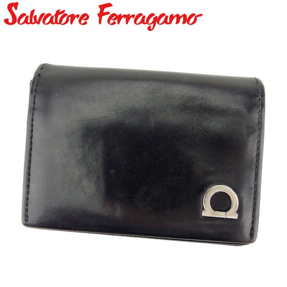 【スプリングセール30％OFF】サルヴァトーレ フェラガモ Salvatore Ferragamo 名刺入れ カードケース カード メンズ ブラック シルバー レザー 【フェラガモ】 D1902 【中古】