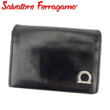 【中古】 サルヴァトーレ フェラガモ Salvatore Ferragamo 名刺入れ カードケース メンズ ブラック シルバー レザー D1902 .