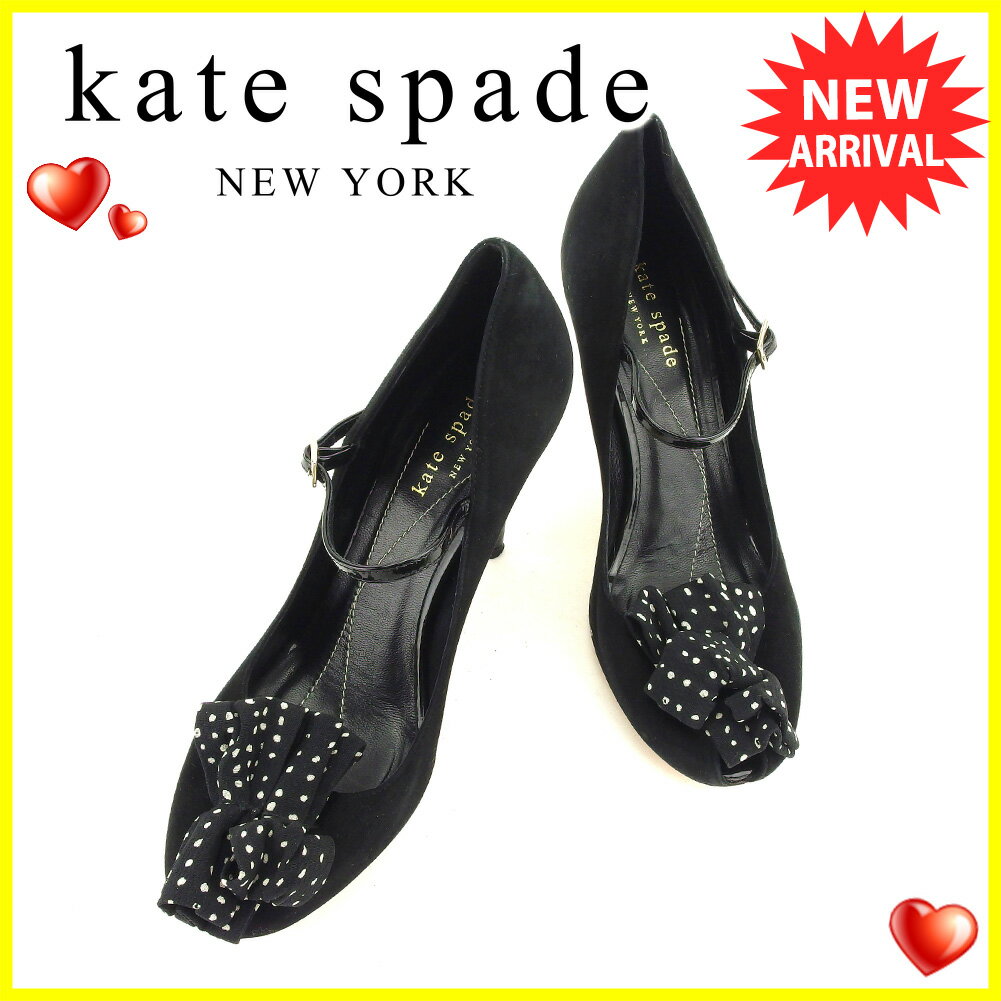 【スプリングセール30％OFF】ケイト スペード kate spade パンプス シューズ 靴 レディース ♯7ハーフ オープントゥ ブラック ホワイト 白 ゴールド スエード×エナメルレザー T6295 ブランド 【中古】