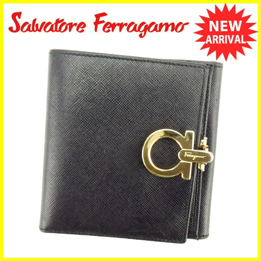 【中古】 サルヴァトーレ フェラガモ Salvatore Ferragamo Wホック財布 財布 二つ折り 財布 財布 ブラック 黒 ゴールド ガンチーニ メンズ可 T6323