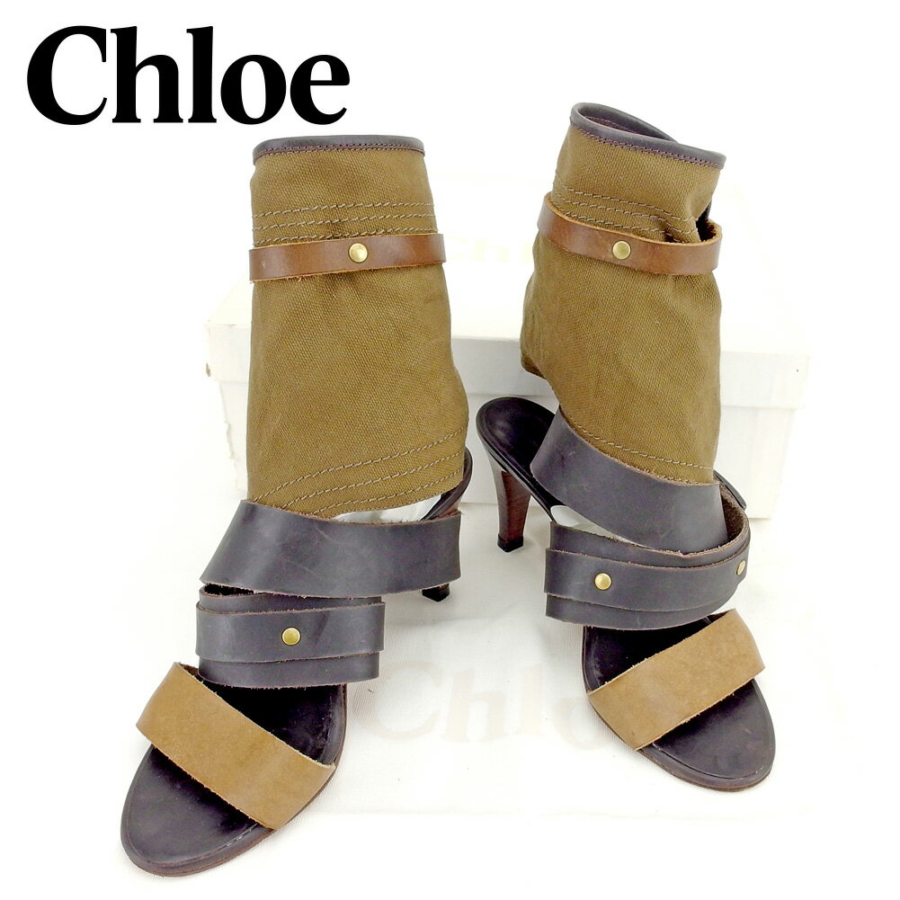 【スプリングセール30％OFF】クロエ Chloe サンダル #36 レディース ブラウン ライトブラウン レザー×キャンバス 【クロエ】 T6563 【中古】