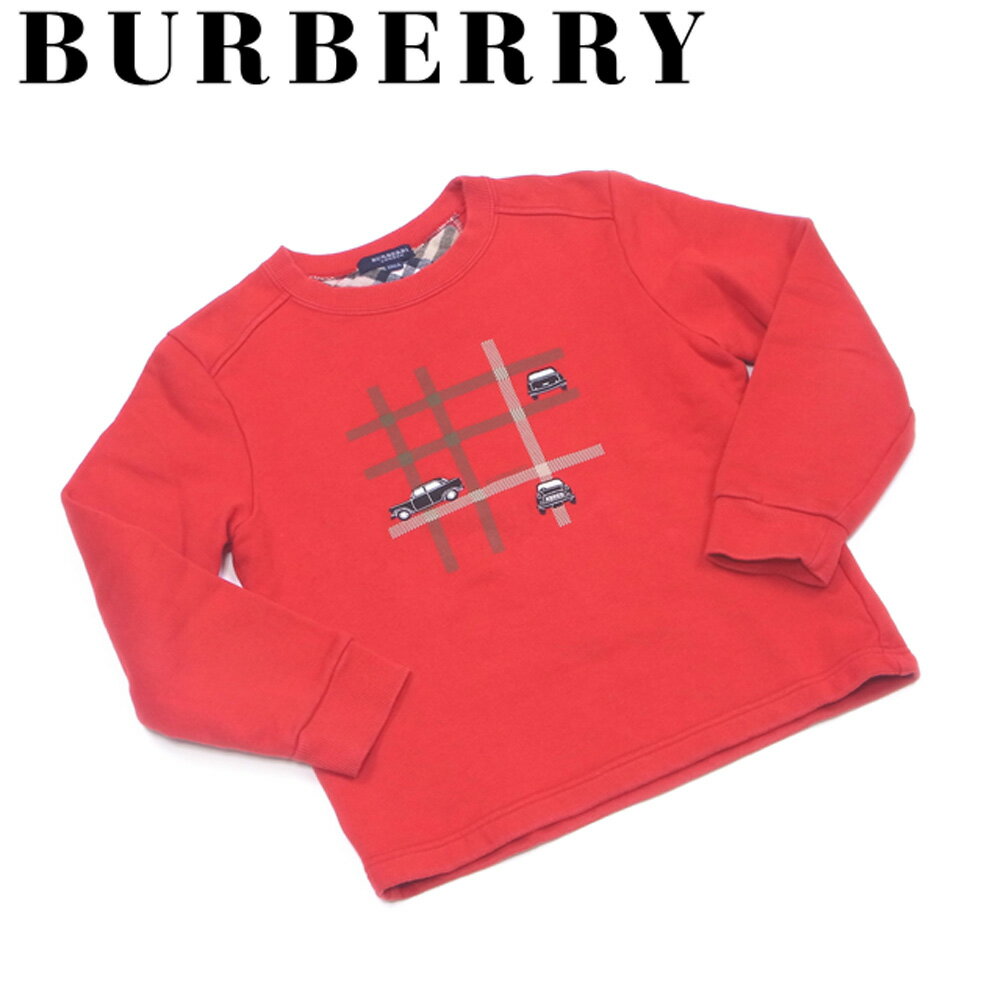 【冬のTHEセール 30%OFF】バーバリー BURBERRY トレーナー 車ワッペン付き カットソー ガールズ ボーイズ可 ♯130Aキッズサイズ レッド ベージュ ブラック系 コットン綿100%(リブ部分)綿96%ポリウレタン4%(チェック部分)綿100% 【バーバリー】 T5406 【中古】