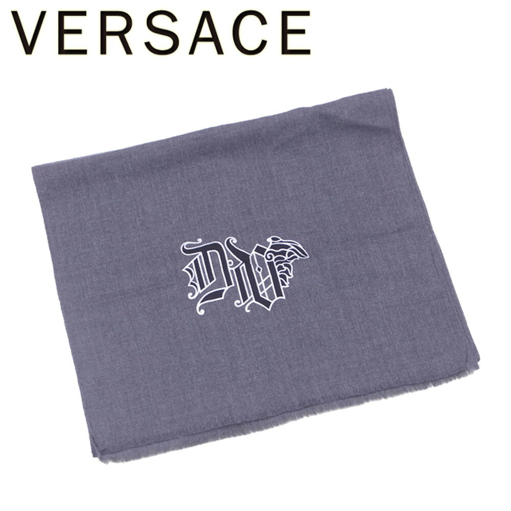 【スプリングセール30％OFF】ヴェルサーチ VERSACE マフラー フリンジ付き レディース メンズ 可 ストール グレー 灰色 ブラック シルバー ウール100 【ヴェルサーチ】 T5903 【中古】