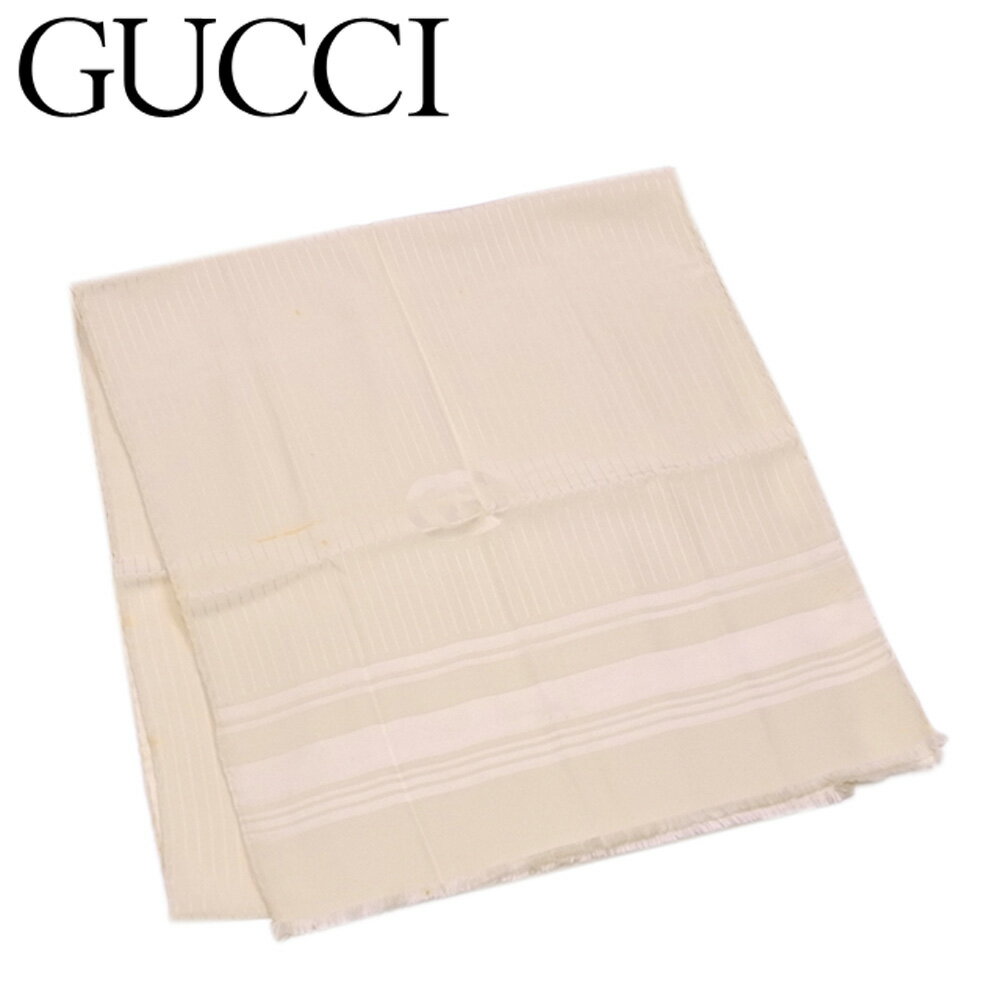 【スプリングセール30％OFF】グッチ ストール フリンジ付き ダブルGマーク ストライプ ベージュ シルク GUCCI 【グッチ】 t6440s 【中古】