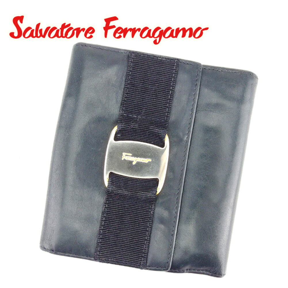 【中古】 サルヴァトーレ フェラガモ Salvatore Ferragamo Wホック 財布 財布 二つ折り 財布 財布 ネイビー ヴァラ金具 メンズ可 T6759