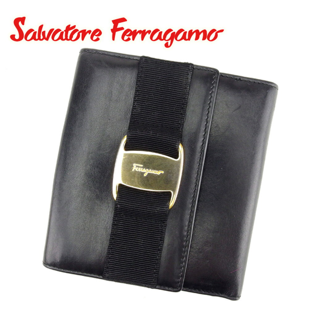 【中古】 サルヴァトーレ フェラガモ Salvatore Ferragamo Wホック 財布 財布 二つ折り 財布 財布 ブラック ヴァラ金具 メンズ可 T6760