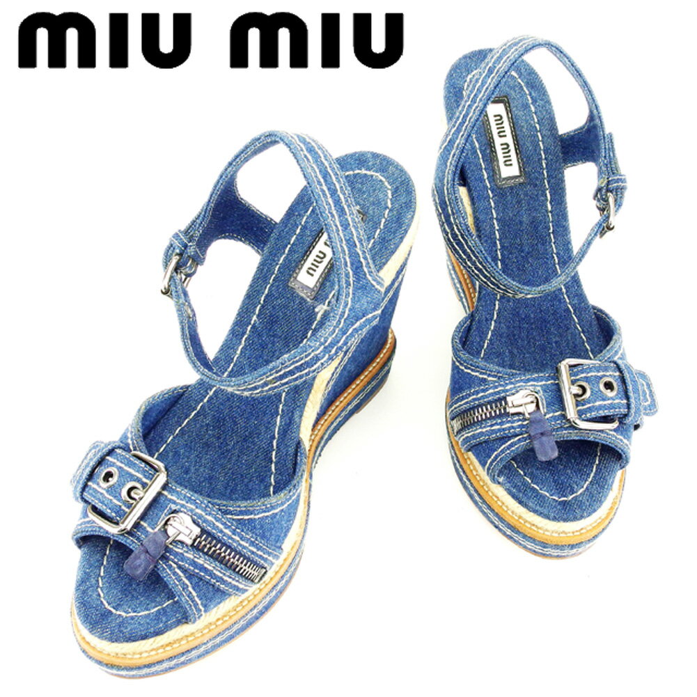 【スプリングセール30％OFF】ミュウミュウ miumiu サンダル シューズ 靴 レディース #38ハーフ ネイビー キャンバス 【ミュウミュウ】 T6870 【中古】