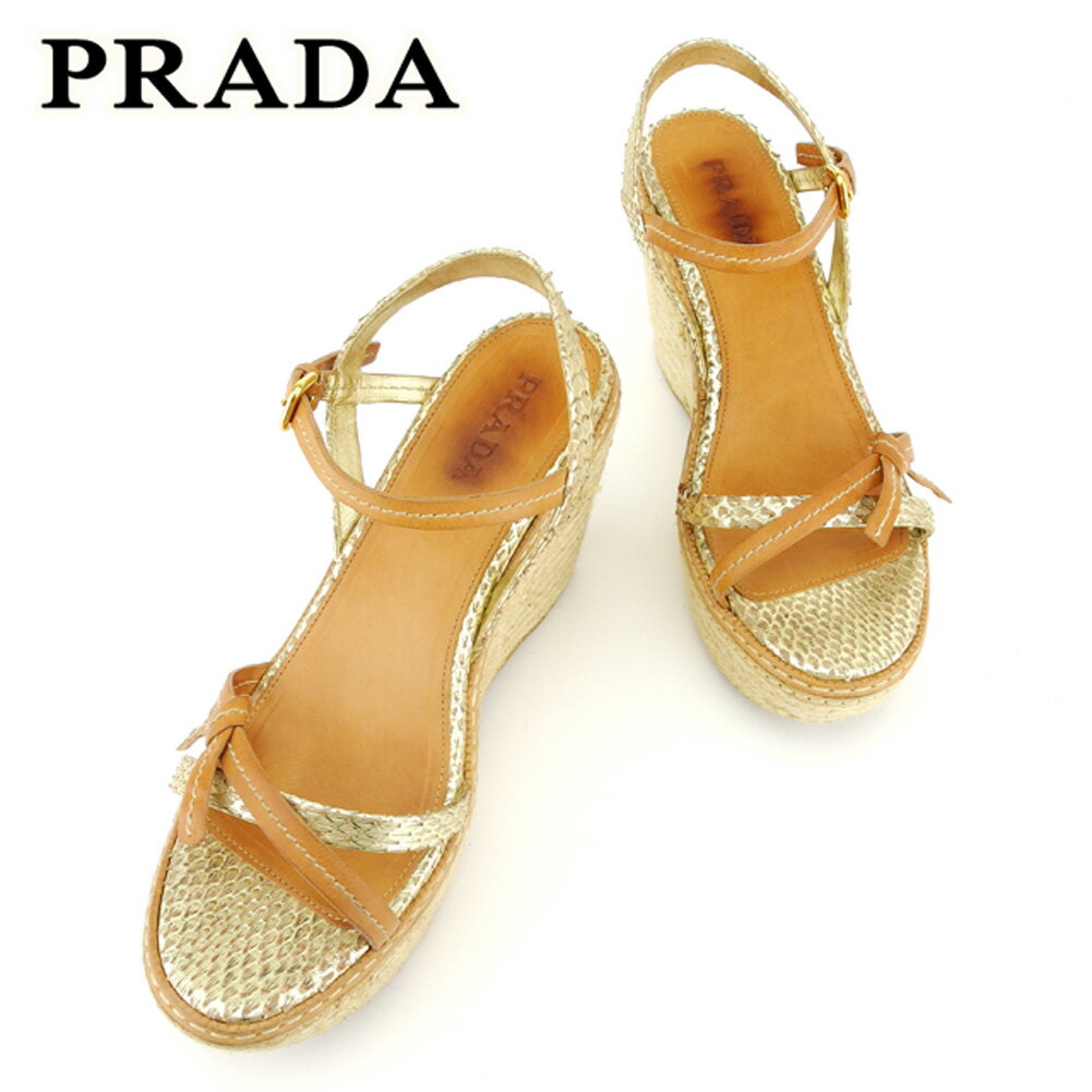 【スプリングセール30％OFF】プラダ PRADA サンダル シューズ 靴 レディース # 38ハーフ ベージュ ゴールド レザー 【プラダ】 T6908 【中古】