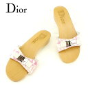 【春の大感謝祭 30％OFF】ディオール Dior サンダル シューズ 靴 レディース ♯36ハーフ ロゴプレート ホワイト 白 ピンク シルバー ベージュ キャンバス×エナメル×ウッド 【ディオール】 T6935 【中古】