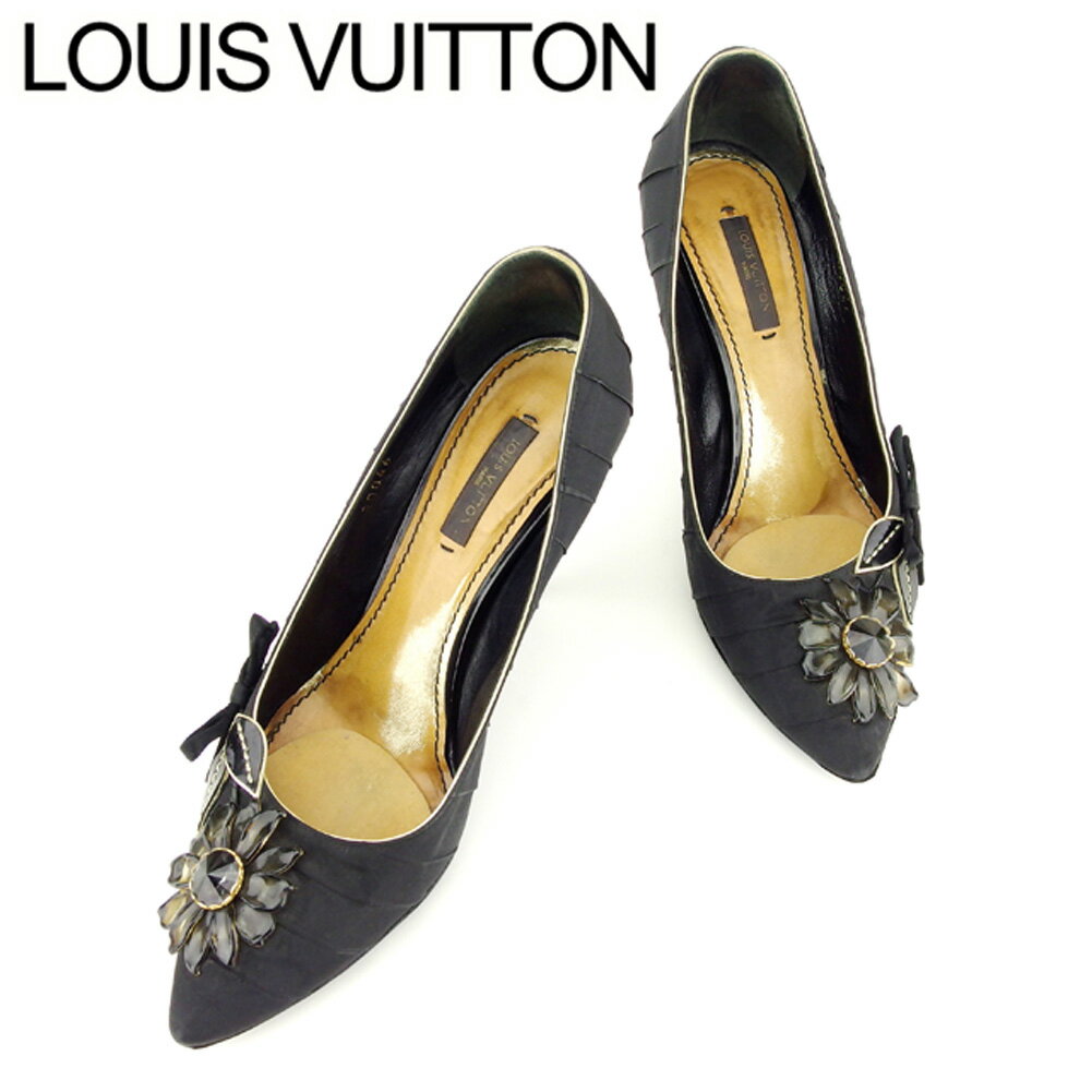 【スプリングセール30％OFF】ルイ ヴィトン Louis Vuitton パンプス シューズ 靴 レディース ♯37ハーフ ポインテッドトゥ ブラック ゴールド サテン×レザー 【ルイ・ヴィトン】 T6988 【中古】