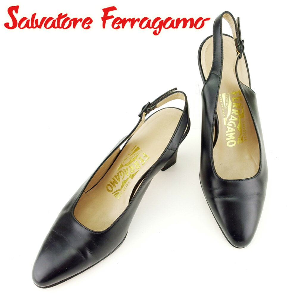 【スプリングセール30％OFF】サルヴァトーレ フェラガモ Salvatore Ferragamo パンプス シューズ 靴 レディース ♯5C スタックヒール ブラック ゴールド レザー T6989 ブランド 【中古】