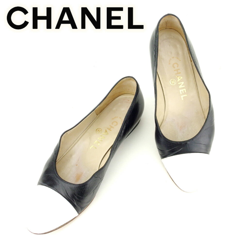 【スプリングセール30％OFF】シャネル CHANEL パンプス シューズ 靴 レディース ラウンドトゥ ブラック ホワイト 白 レザー T7018 ブランド 【中古】