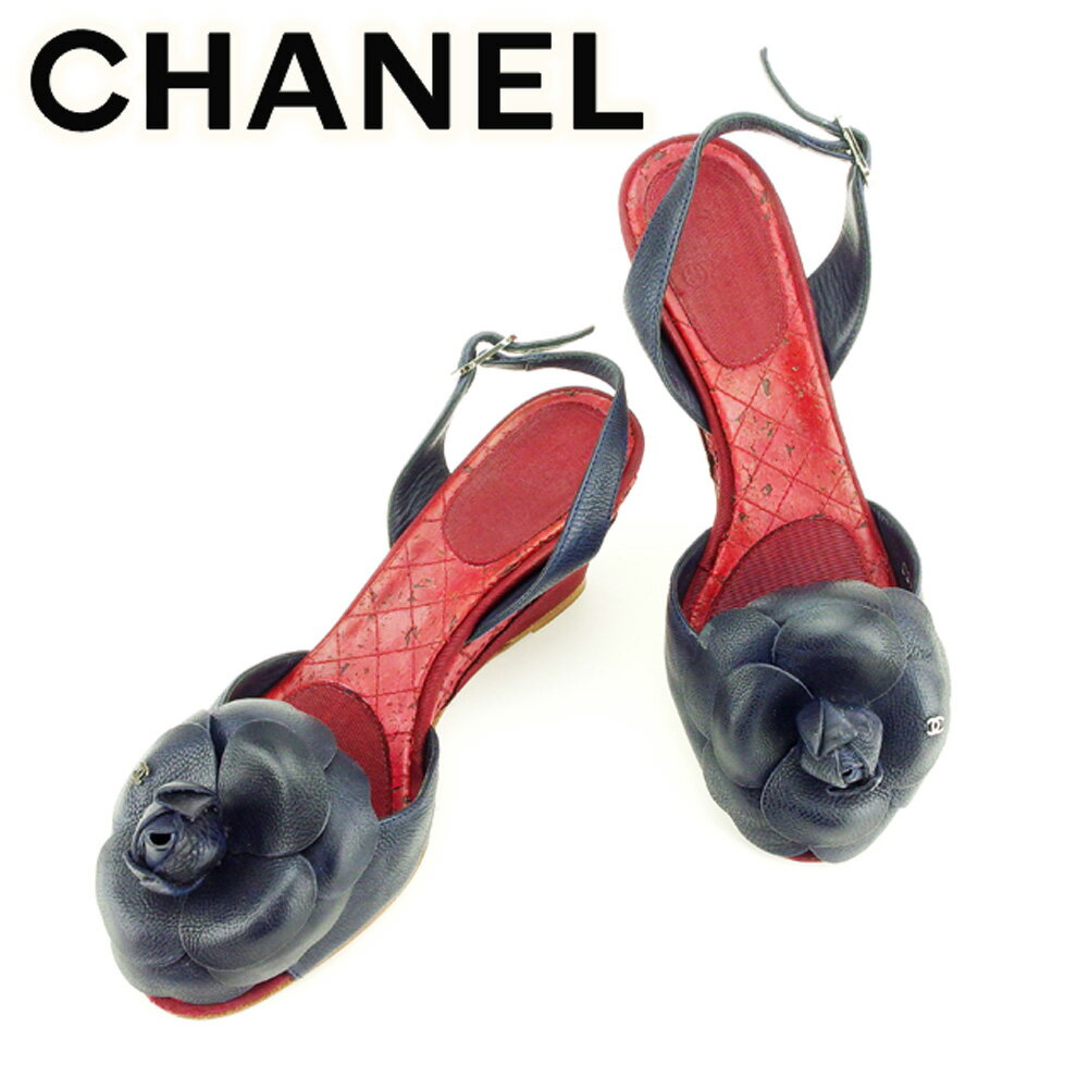 【スプリングセール30％OFF】シャネル CHANEL サンダル シューズ 靴 レディース ♯35 ウェッジソール ネイビー レッド シルバー レザー×キャンバス 【シャネル】 T7096 【中古】