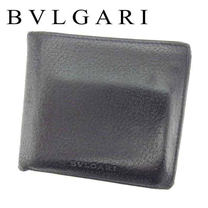 【中古】 ブルガリ BVLGARI 二つ折り 財布 レディース メンズ 可 ロゴ ブラック レザー 人気 セール T7294 .