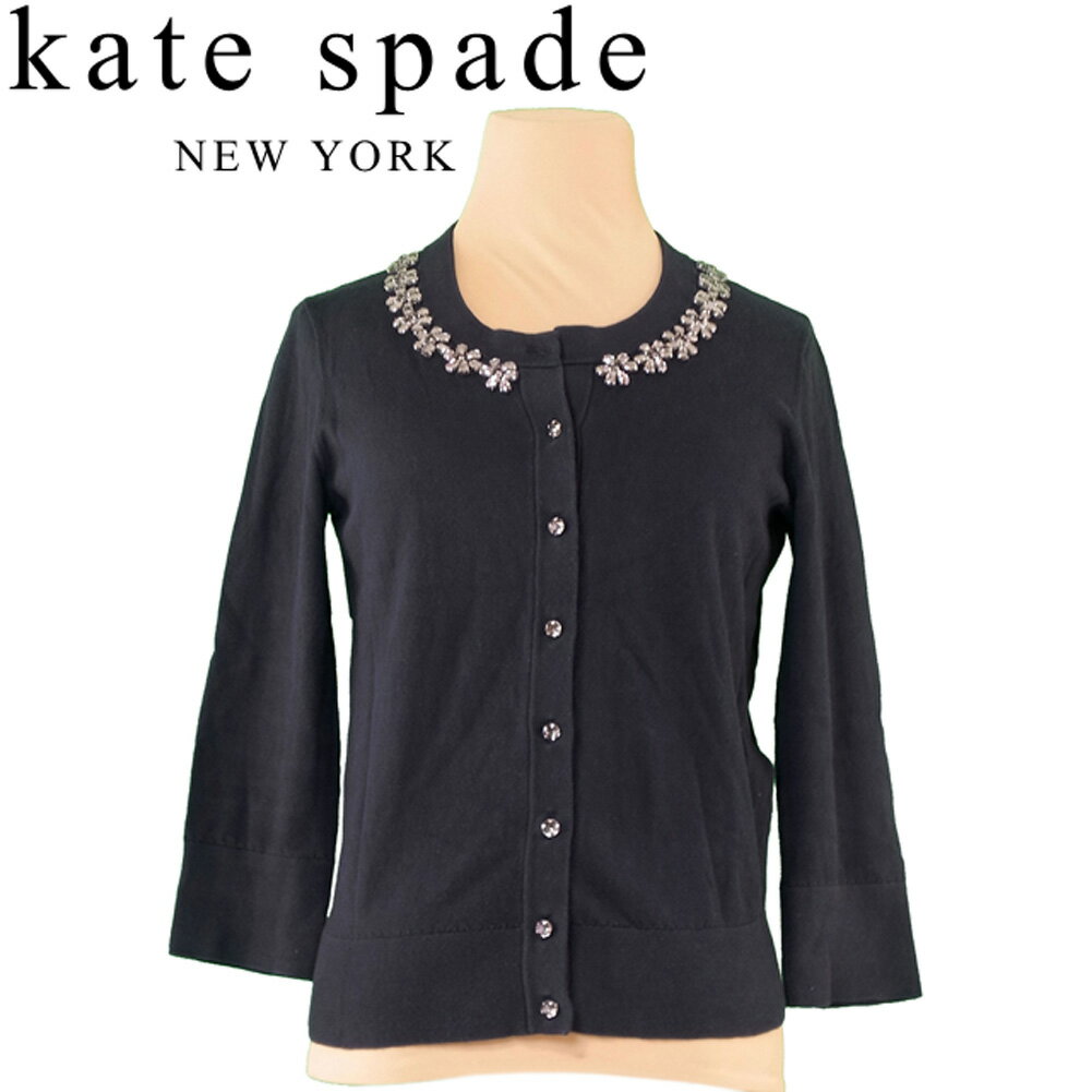 【冬のTHEセール 30%OFF】ケイト スペード kate spade カーディガン ラウンドネック 7分袖 レディース ♯Sサイズ ブラック コットン100% T7919 ブランド 【中古】