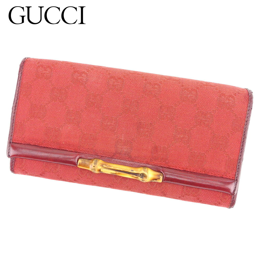 【スプリングセール30％OFF】グッチ 長財布 ファスナー付き 財布 バンブー GGキャンバス レッド ベージュ キャンバス×レザー GUCCI 【グッチ】 c3142s 【中古】