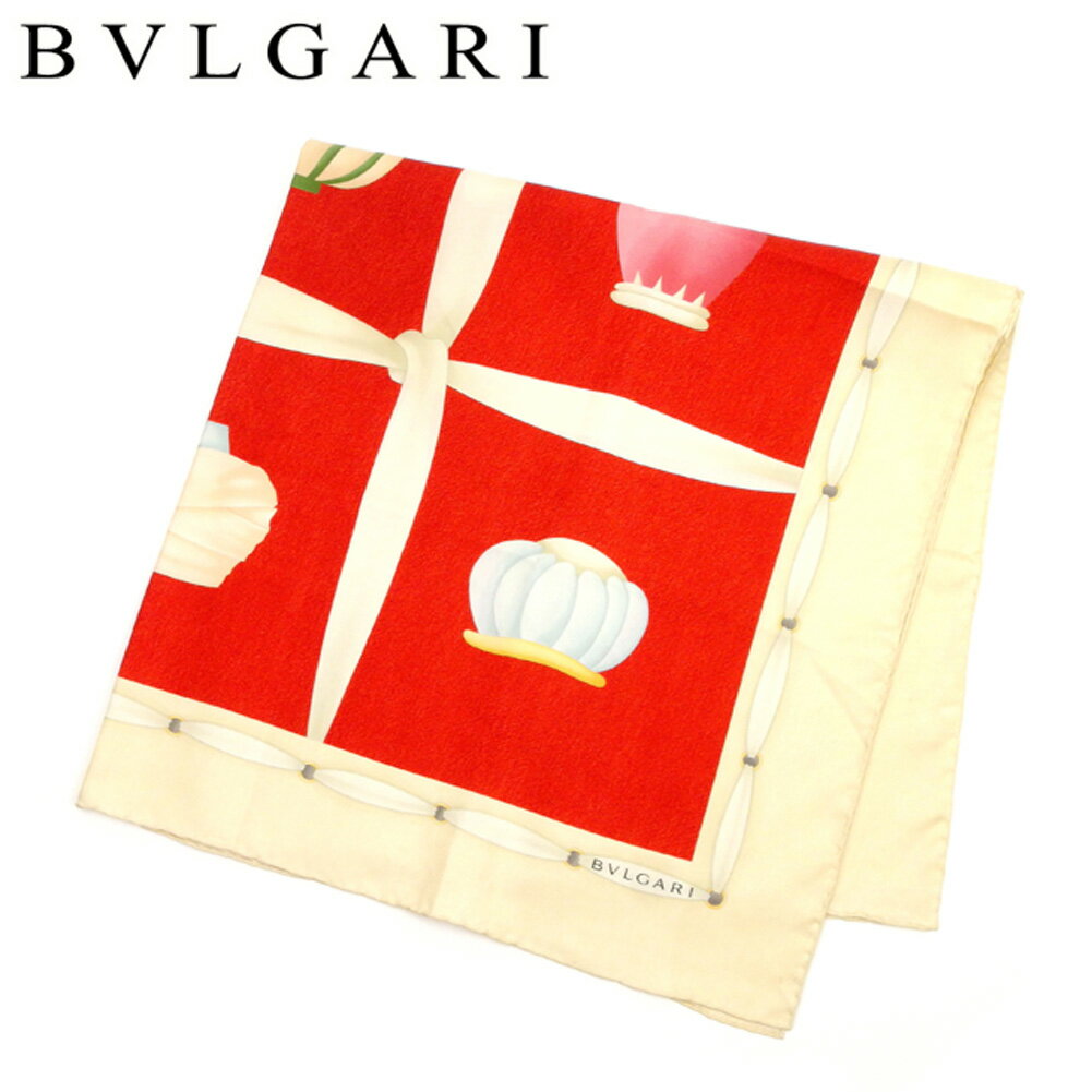 【スプリングセール30％OFF】ブルガリ BVLGARI スカーフ 大判サイズ レディース メンズ 可 トプカピ レッド ベージュ系 シルク100% 【ブルガリ】 C3145 【中古】