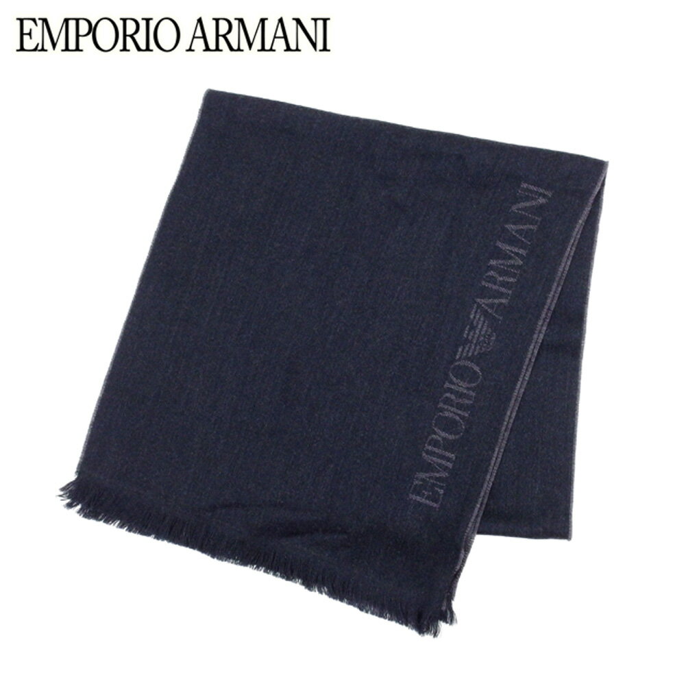 【スプリングセール30％OFF】エンポリオ アルマーニ EMPORIO ARMANI マフラー フリンジ付き レディース メンズ 可 ブラック グレー 灰色 ウール羊毛100% 【エンポリオ アルマーニ】 C3302 【中古】