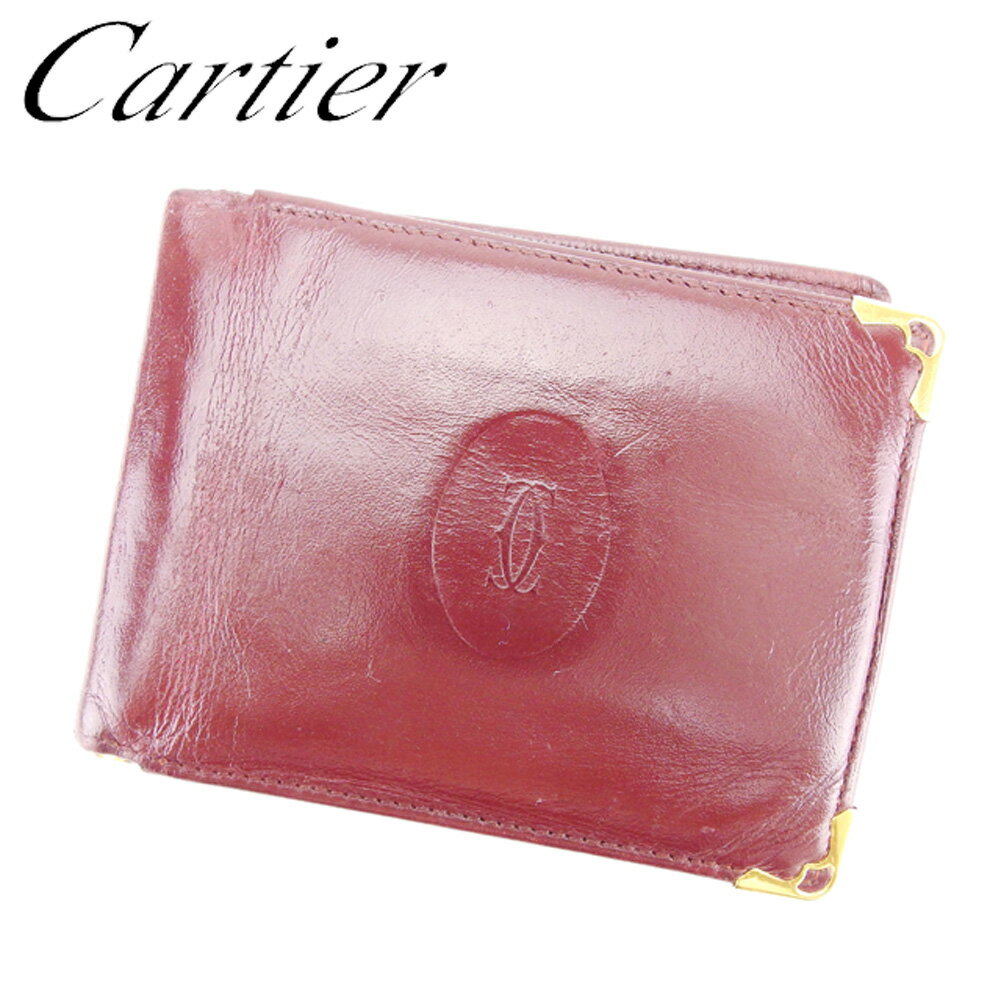 【スプリングセール30％OFF】カルティエ Cartier 二つ折り 札入れ レディース メンズ 可 ボルドー ゴールド レザー 【カルティエ】 D1811 【中古】