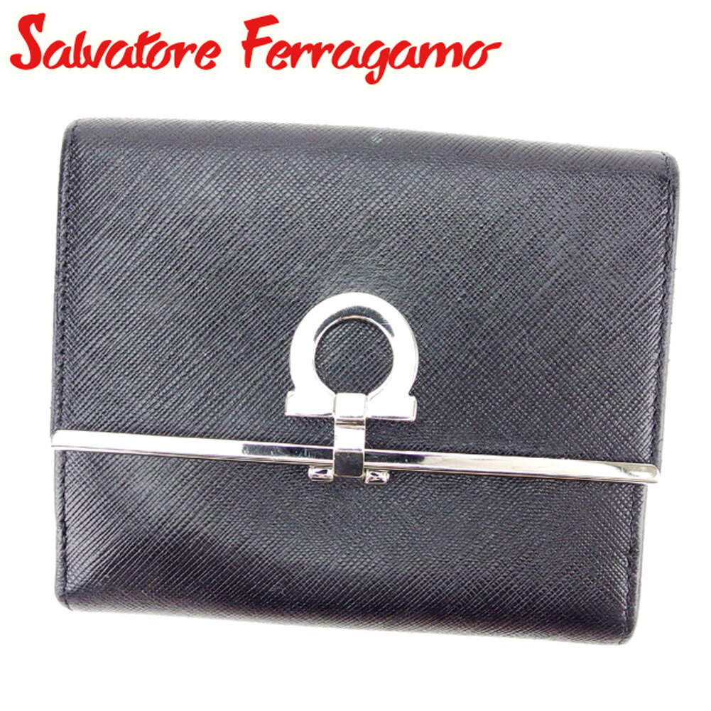 【中古】 サルヴァトーレ フェラガモ Salvatore Ferragamo Wホック 財布 財布 二つ折り ブラック シルバー ガンチーニ レディース メンズ 可 D1817