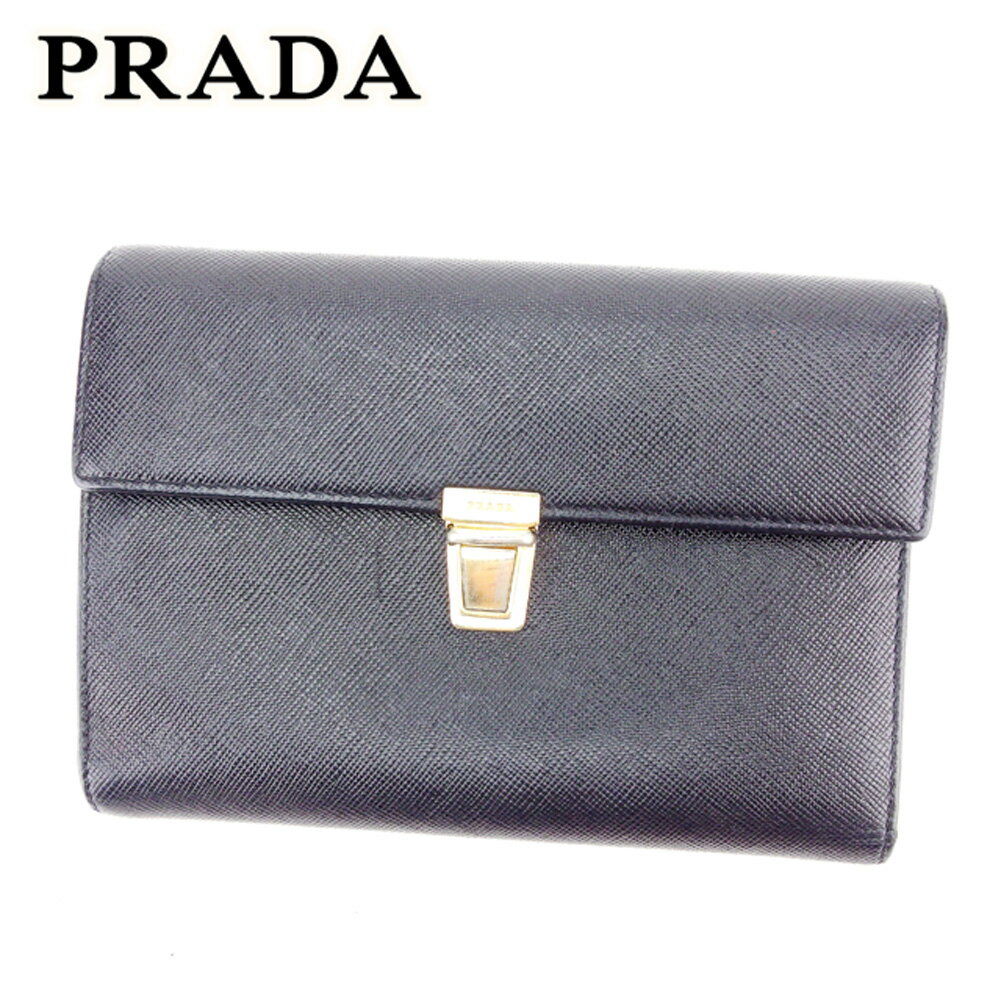 【スプリングセール30％OFF】プラダ 三つ折り 財布 中長財布 ロゴ ブラック ゴールド レザー PRADA 【プラダ】 d1824s 【中古】