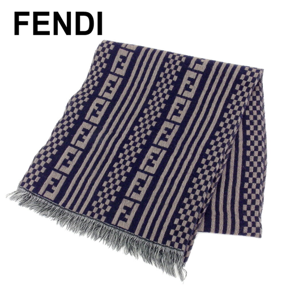 【スプリングセール30％OFF】フェンディ FENDI マフラー フリンジ付き レディース メンズ 可 ストライプ チェック ネイビー グレー 灰色 ウール100% 【フェンディ】 T8009 【中古】