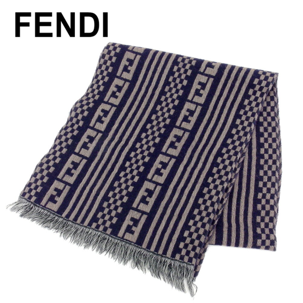 【スプリングセール】フェンディ FENDI マフラー フリンジ付き レディース メンズ 可 ストライプ チェック ネイビー グレー 灰色 ウール100% 【フェンディ】 T8009 【中古】