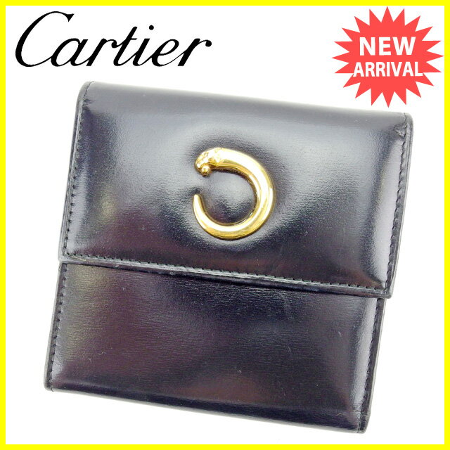 【中古】 カルティエ Cartier 二つ折り財布 レディース パンテール ブラック×ゴールド 人気 Y3878