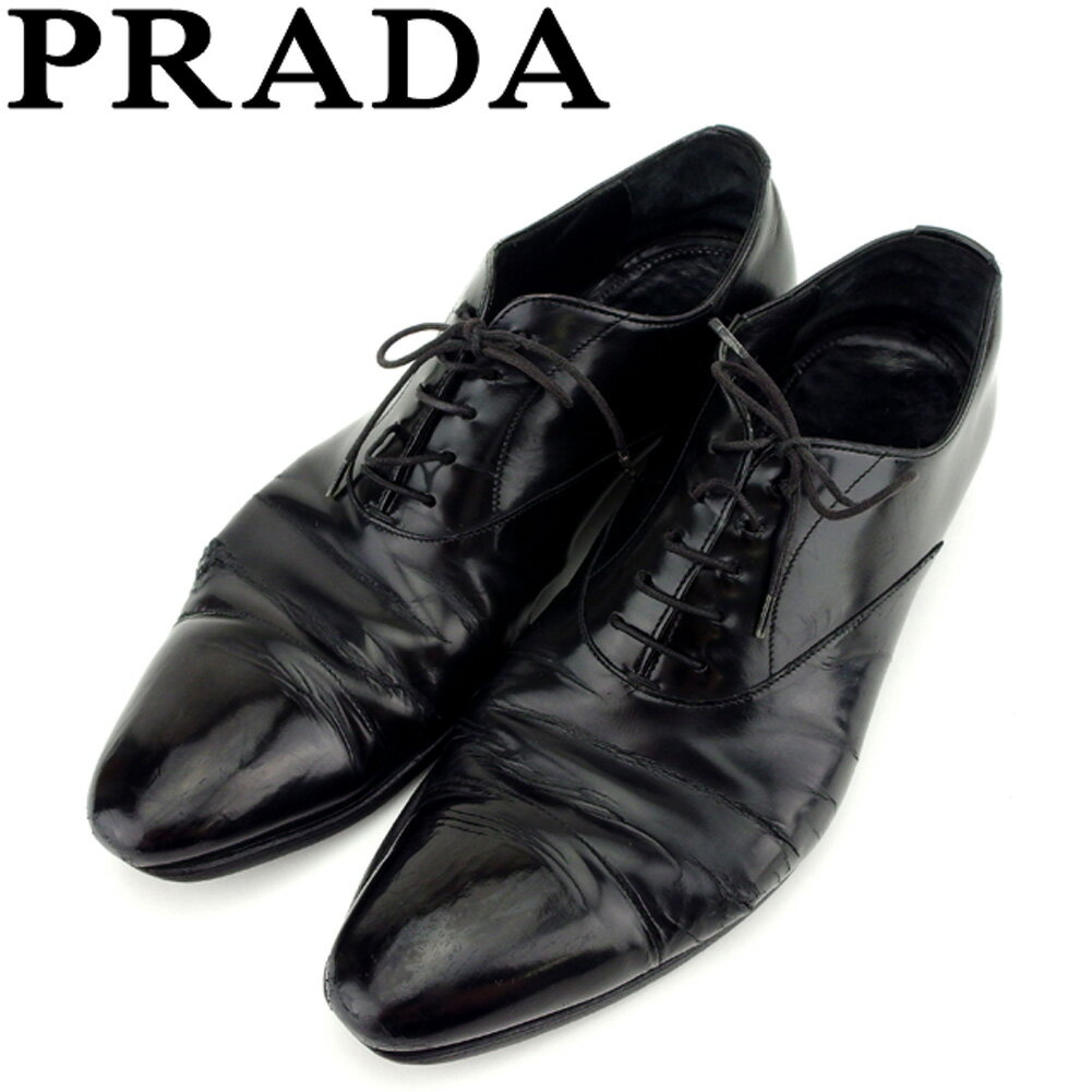 【スプリングセール30％OFF】プラダ PRADA シューズ ビジネス 靴 メンズ ♯6ハーフ レースアップ ブラック レザー 【プラダ】 C3435 【中古】