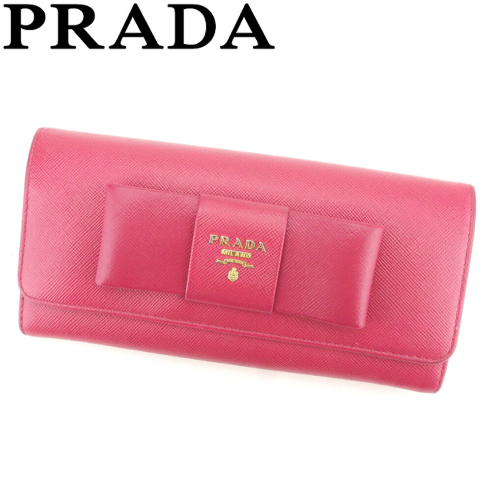 【スプリングセール30％OFF】プラダ 長財布 ファスナー付き 長財布 ロゴモチーフ ピンク レザー PRADA 長サイフ サイフ 収納 ユニセックス 小物 【プラダ】 G1276 【中古】